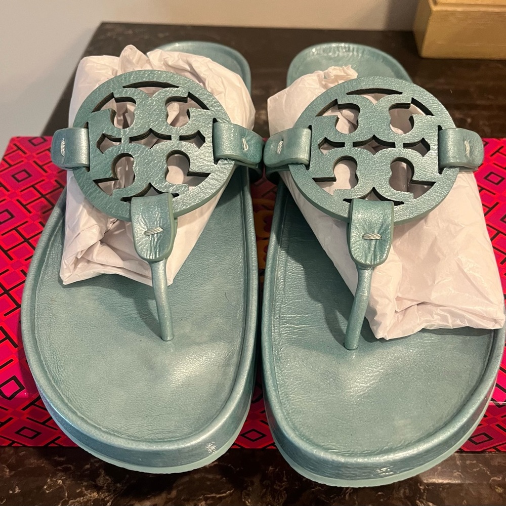 Tory Burch Miller Cloud Sandals metallic blue 10 Audrey Blue $225 - Picture 6 of 8